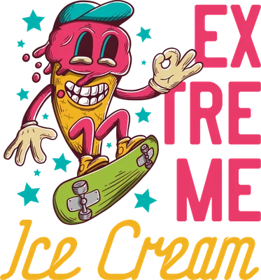 Hình vẽ kem ốc quế nhân hóa đang trượt ván phong cách hoạt hình retro với chữ Extreme Ice Cream