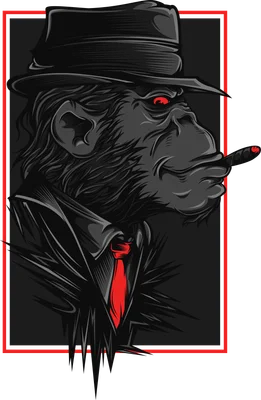 Hình minh họa khỉ đội mũ fedora, đeo cà vạt đỏ, hút xì gà, mắt đỏ rực, phong cách gangster.