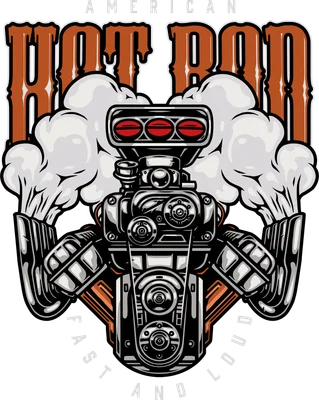 Hình minh họa động cơ xe Hot Rod Mỹ với khói trắng, chữ 'AMERICAN HOT ROD FAST AND LOUD' trên nền xám.