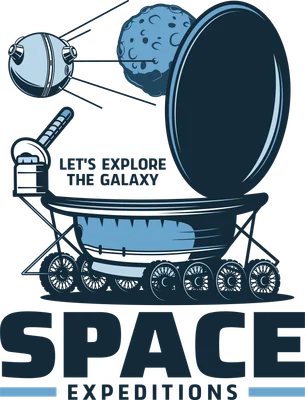 Minh họa xe thám hiểm vũ trụ với vệ tinh và tiểu hành tinh, có chữ 'LET'S EXPLORE THE GALAXY' và 'SPACE EXPEDITIONS'