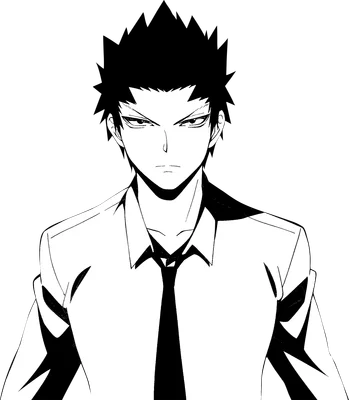 Hình vẽ anime chàng trai trẻ với mái tóc đen nhọn, ánh mắt sắc sảo, mặc áo sơ mi trắng và cà vạt đen.