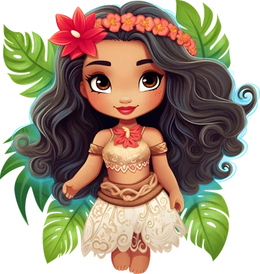 Hình ảnh cô bé Moana hoạt hình chibi dễ thương, tóc đen, váy thổ dân, hoa đỏ cài tóc, lá xanh nền.