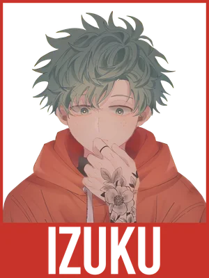 Hình vẽ Izuku Midoriya từ anime/manga, đeo nhẫn, hình xăm hoa trên tay, mặc áo hoodie cam.