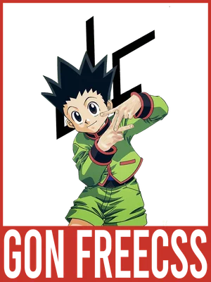 Hình ảnh nhân vật anime Gon Freecss với biểu tượng màu đen phía sau và chữ 'GON FREECSS' ở dưới.