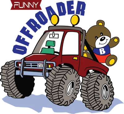 Hình vẽ hoạt hình gấu con đội mũ, ngồi trong xe địa hình màu đỏ, chữ "OFFROADER" và "FUNNY" phía trên.