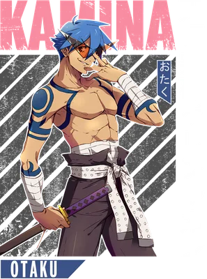 Nhân vật anime Simon Kamina với mái tóc xanh, đeo kính cam, hình xăm xanh trên người, cầm kiếm.
