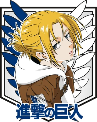 Hình vẽ anime cô gái tóc vàng Annie Leonhart, mặc áo khoác nâu, với biểu tượng cánh tự do phía sau.