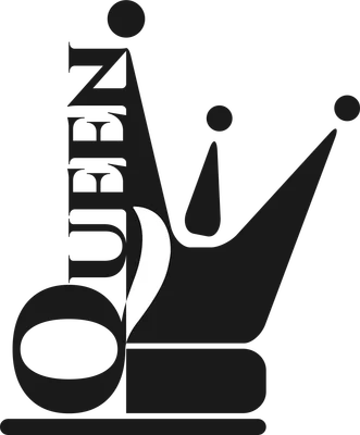 Thiết kế vương miện cách điệu với chữ Queen, màu đen trắng trên nền xám.
