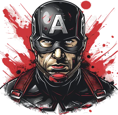Hình ảnh Captain America với mũ giáp chữ A, biểu cảm nghiêm nghị, nền xám với vệt sơn đỏ bắn tung tóe.