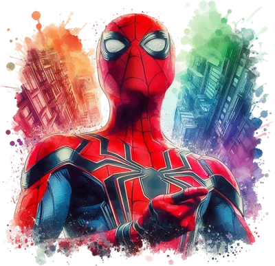 Spider-Man trong bộ áo đỏ xanh với hiệu ứng nước màu sắc và thành phố phía sau