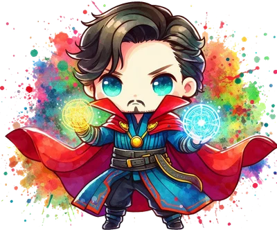 Hình chibi Doctor Strange với áo choàng đỏ, tạo phép thuật vàng và xanh trên nền màu nước rực rỡ.