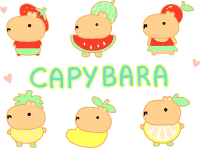 Hình ảnh 6 chú capybara hoạt hình dễ thương hóa trang thành các loại trái cây trên nền xám.