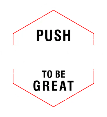 Thiết kế chữ động lực 'PUSH YOURSELF TO BE GREAT' màu trắng đen đỏ trên nền xám, với hiệu ứng grunge và hình học.