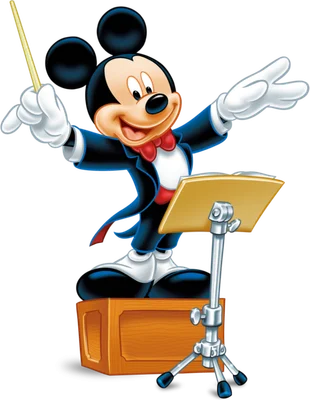Mickey Mouse trong trang phục nhạc trưởng màu xanh đen, đeo nơ đỏ, đang chỉ huy với gậy và mỉm cười rạng rỡ.