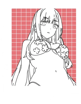 Hình vẽ line art Marin Kitagawa trong bộ bikini, phong cách anime, với chữ "MY DRESS-UP DARLING" và "MARIN KITAGAWA"