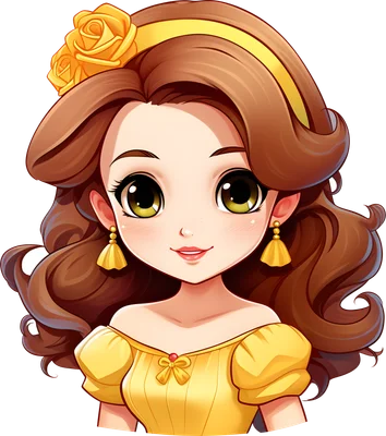 Hình ảnh công chúa hoạt hình chibi tóc nâu, mắt to, mặc váy vàng và cài hoa hồng vàng trên tóc.