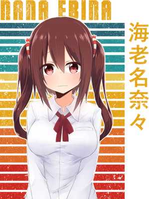 Hình ảnh cô gái anime tóc nâu hai bím, mặc áo sơ mi trắng, đeo nơ đỏ, với phông nền sọc ngang màu cam, vàng, xanh dương và xám.
