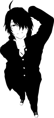 Hình vẽ anime chàng trai mặc áo sơ mi đen, tóc đen, tay chạm đầu, dáng vẻ cool ngầu.