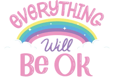 Hình ảnh chữ 'Everything Will Be OK' màu hồng và tím, phía trên là cầu vồng nhiều màu sắc và những đám mây trắng.