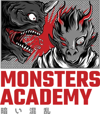Hình minh họa hai quái vật phong cách anime với dòng chữ Monsters Academy, phù hợp in áo thun cá tính.