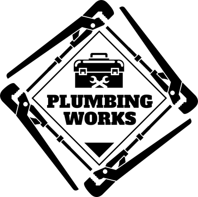 Logo thợ sửa ống nước với cờ lê và hộp đồ nghề