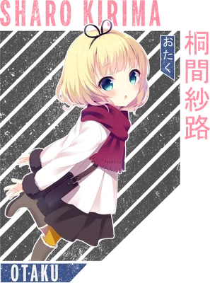Hình ảnh cô gái anime tóc vàng, mắt xanh, mặc áo khoác trắng, khăn đỏ, đeo túi xách, phong cách chibi.