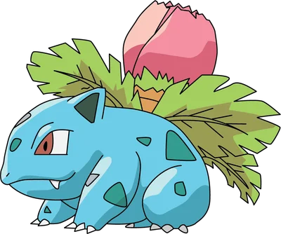 Hình ảnh Ivysaur Pokémon màu xanh lá cây với nụ hoa hồng trên lưng, phong cách hoạt hình, nền xám.