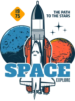 Hình minh họa tàu vũ trụ, tên lửa, hành tinh xanh và đỏ với dòng chữ 'SPACE EXPLORE' và 'THE PATH TO THE STARS'.