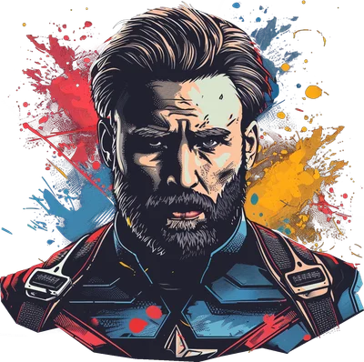 Hình minh họa Captain America râu, trang phục siêu anh hùng, nền màu sắc bắn tung tóe phong cách comic art.
