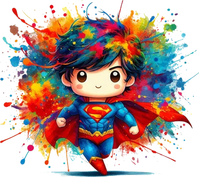 Hình ảnh Superman phiên bản chibi đáng yêu, mặc trang phục xanh đỏ, bay lướt trên nền hiệu ứng màu nước bắn tung tóe đầy màu sắc.
