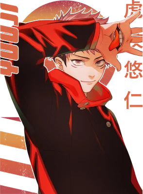 Hình vẽ nhân vật anime nam mặc áo khoác đen viền đỏ, tay giơ lên che mặt, biểu cảm bí ẩn.