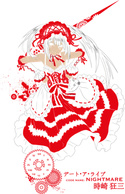 Hình ảnh Kurumi Tokisaki trong trang phục Lolita gothic màu đỏ và xám, với các chi tiết bánh răng.