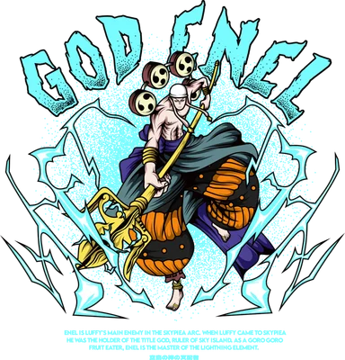 Hình Enel Thần Sấm từ One Piece, cầm gậy sét, bao quanh bởi tia sét xanh.