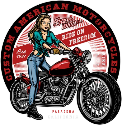 Hình minh họa cô gái tóc vàng lái xe mô tô phong cách vintage với dòng chữ Custom American Motorcycles