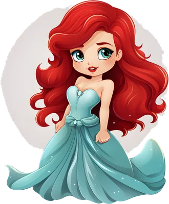 Hình minh họa cô gái hoạt hình chibi tóc đỏ, mắt xanh to, mặc váy dạ hội màu xanh ngọc bích, dáng đứng duyên dáng, nền xám.
