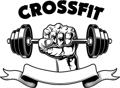 Hình ảnh minh họa một bàn tay nắm chặt tạ đòn, phía trên có chữ "CROSSFIT" và một dải băng trắng.