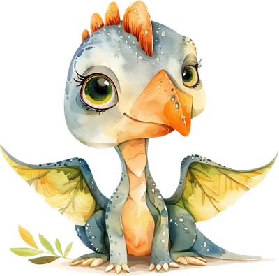 Hình vẽ khủng long con Pterodactyl dễ thương với đôi mắt to, màu xanh dương và cam, phong cách màu nước.