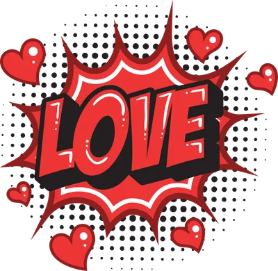 Chữ LOVE màu đỏ nổi bật trên nền hiệu ứng Pop Art với các trái tim nhỏ màu đỏ và chấm bi xám