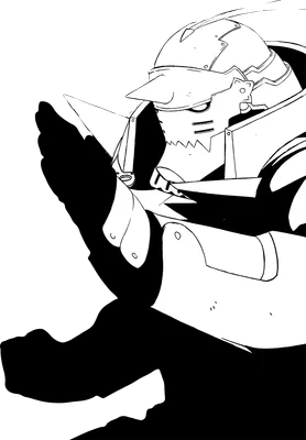 Hình vẽ nhân vật giáp sắt Fullmetal Alchemist đang thực hiện động tác tay, phong cách line-art đen trắng.