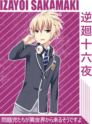 Nhân vật anime nam Izayoi Sakamaki mặc đồng phục, đeo tai nghe, biểu cảm ngầu.