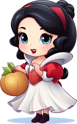 Hình ảnh chibi Bạch Tuyết đáng yêu với váy trắng đỏ, tóc đen, mắt xanh, đang ôm quả bí ngô lớn.