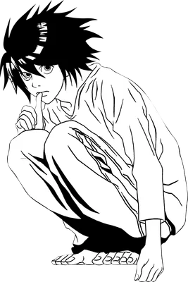 Hình vẽ nhân vật L từ anime Death Note, đang ngồi xổm với ngón tay đặt lên môi, ánh mắt nhìn thẳng.