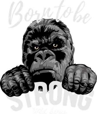 Hình minh họa đầu gorilla đen mạnh mẽ với đôi mắt vàng và chữ Born to be STRONG trên nền xám.