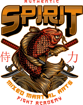 Hình minh họa cá chép phong cách Samurai với kiếm Nhật và chữ Hán, thiết kế đồ họa mạnh mẽ