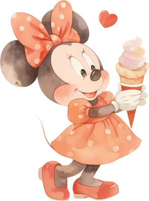 Hình ảnh Minnie Mouse hoạt hình dễ thương cầm kem ốc quế, vẽ theo phong cách màu nước.