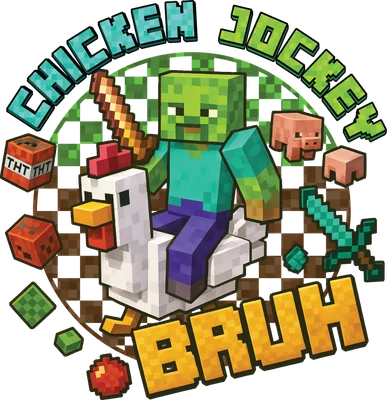 Hình ảnh zombie Minecraft cưỡi gà, có chữ 'Chicken Jockey Bruh' và các vật phẩm game.