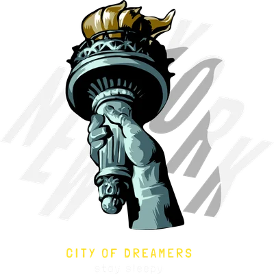 Hình minh họa cánh tay cầm ngọn đuốc của Tượng Nữ thần Tự do với chữ NEW YORK và thông điệp CITY OF DREAMERS.