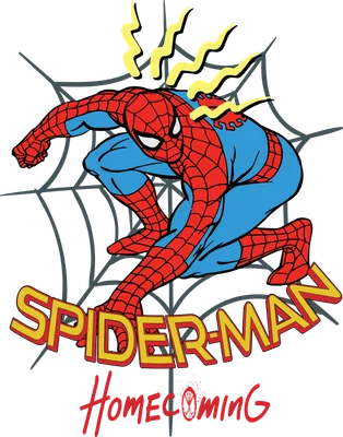 Hình ảnh Spider-Man trong bộ trang phục đỏ xanh, đang trong tư thế hành động trên mạng nhện, với chữ 'SPIDER-MAN Homecoming' bên dưới.
