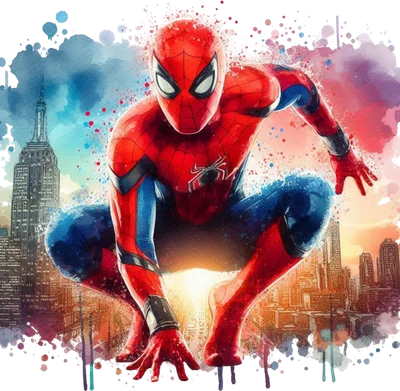 Spider-Man trong bộ trang phục đỏ xanh tư thế chiến đấu với nền thành phố và hiệu ứng màu nước