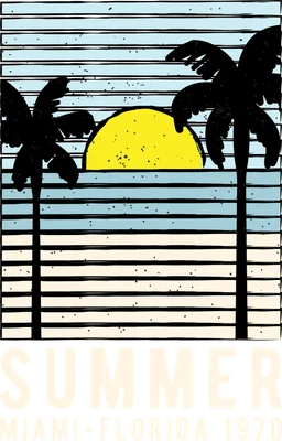 Hình minh họa phong cách retro cảnh hoàng hôn với mặt trời vàng, cây cọ đen và dòng chữ Summer Miami Florida 1970.